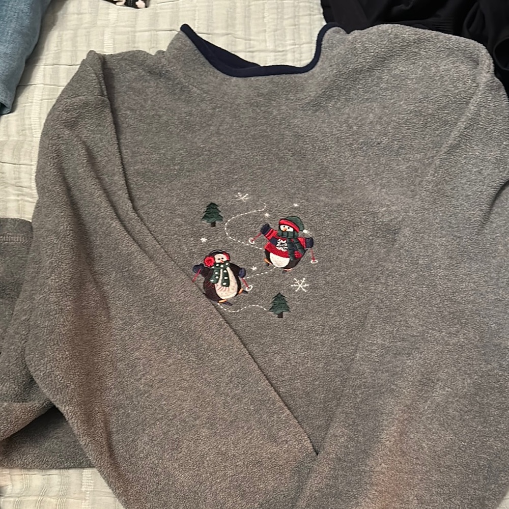 Gray Sweater with Penguin Embroidery